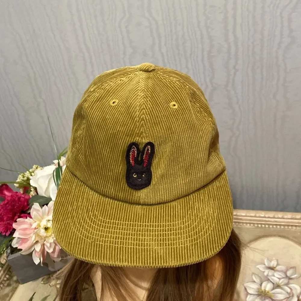 Moss Green Corduroy Black Bunny Rabbit Adjustable Snap Back Cap Fall